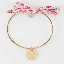 Bracelet personnalisé jonc plaqué or et cordon Liberty médaille martelée gravée 15 mm