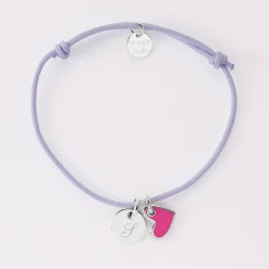 Bracelet personnalisé médaille gravée argent 10 mm et breloque coeur email blanc 10 mm