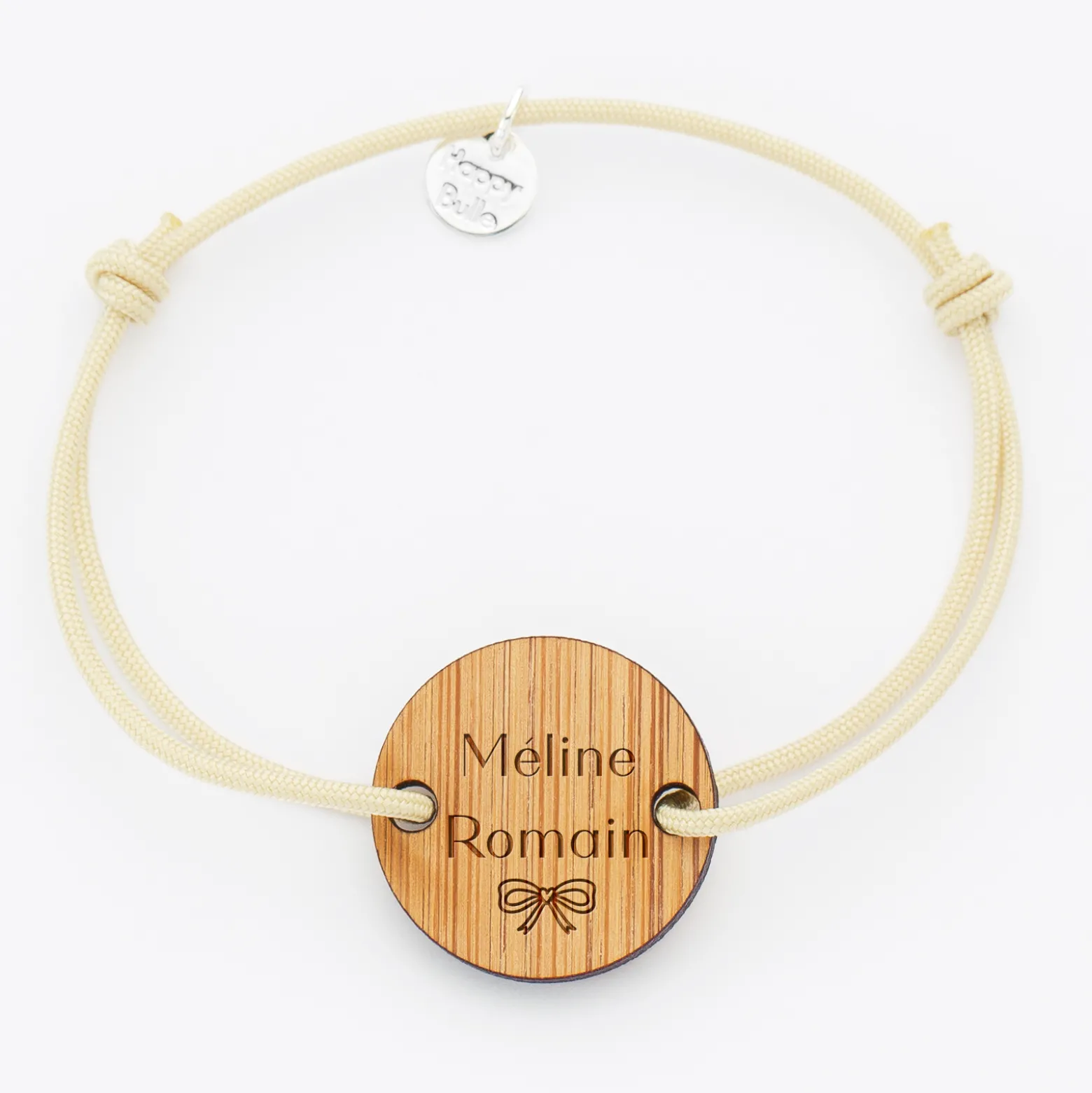 Bracelet personnalisé médaille gravée bois ronde 2 trous 21 mm