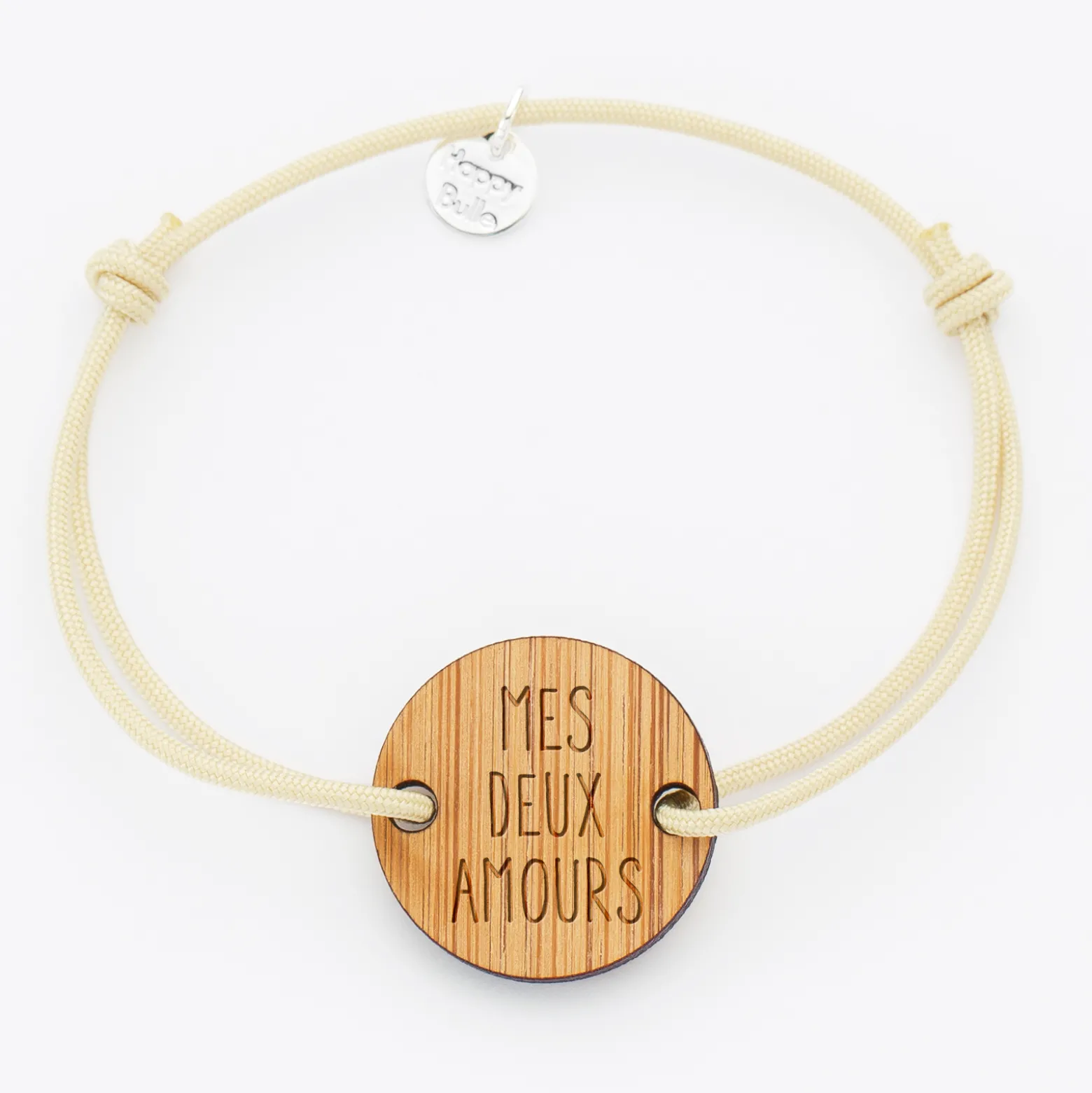 Bracelet personnalisé médaille gravée bois ronde 2 trous 21 mm