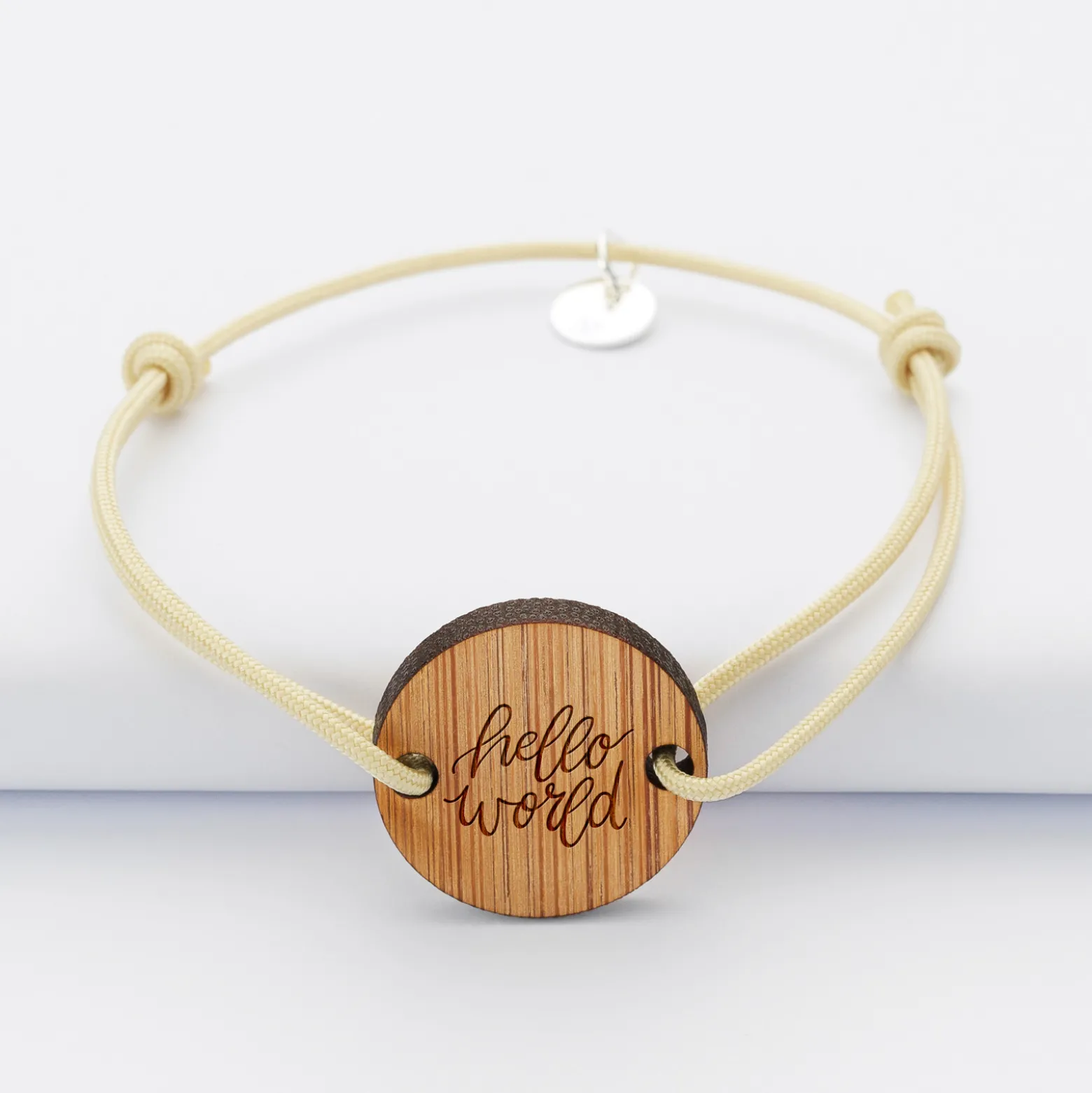 Bracelet personnalisé médaille gravée bois ronde 2 trous 21 mm