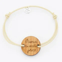 Bracelet personnalisé médaille gravée bois ronde 2 trous 21 mm