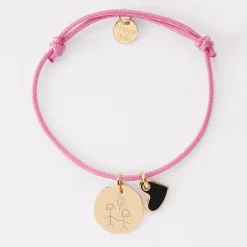 Bracelet personnalisé médaille gravée plaqué or 15 mm et breloque coeur email 10 mm