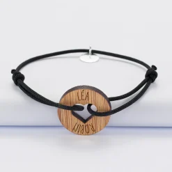 Bracelet personnalisé médaille gravée bois cible coeur 21 mm