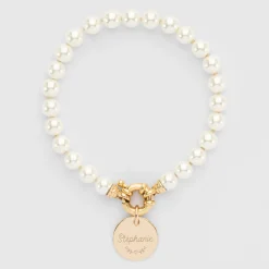 Bracelet personnalisé perles de Majorque fermoir marin médaille gravée plaqué or 15 mm