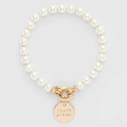 Bracelet personnalisé perles de Majorque fermoir marin médaille gravée plaqué or 15 mm