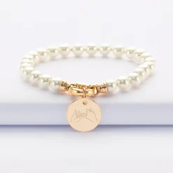 Bracelet personnalisé perles de Majorque fermoir marin médaille gravée plaqué or 15 mm