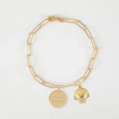 Bracelet personnalisé petites mailles médaille gravée plaqué or 15 mm et breloque(s) summer - à composer
