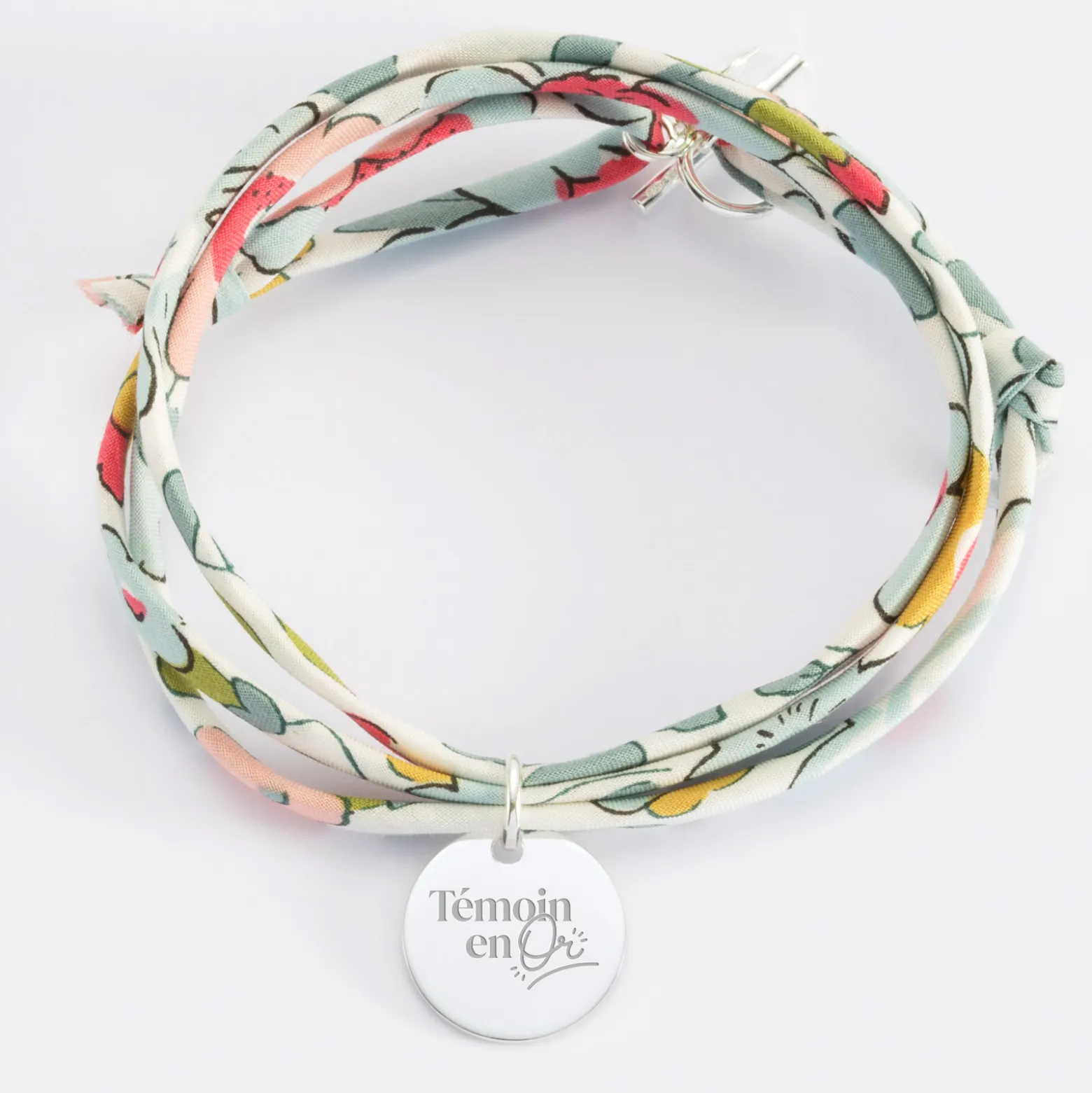 Bracelet Témoin 3 tours Liberty personnalisé médaille gravée argent 15 mm