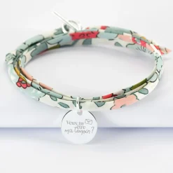 Bracelet Témoin 3 tours Liberty personnalisé médaille gravée argent 15 mm