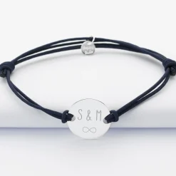 Bracelet Témoin homme personnalisé cordon doublé médaille gravée argent 2 trous 20 mm