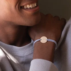 Bracelet Témoin homme personnalisé cordon marin tressé médaille gravée argent 2 trous 20 mm