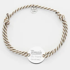 Bracelet Témoin homme personnalisé cordon marin tressé médaille gravée argent 2 trous 20 mm