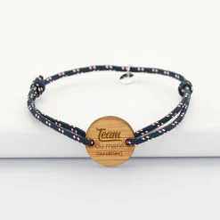 Bracelet Témoin homme personnalisé cordage marin simple médaille gravée bois ronde 2 trous 21 mm