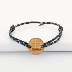 Bracelet Témoin homme personnalisé cordage marin simple médaille gravée bois ronde 2 trous 21 mm