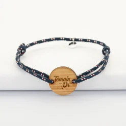 Bracelet Témoin homme personnalisé cordage marin simple médaille gravée bois ronde 2 trous 21 mm