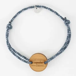 Bracelet Témoin homme personnalisé cordage marin simple médaille gravée bois ronde 2 trous 21 mm