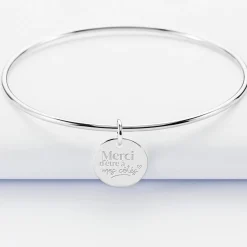 Bracelet Témoin personnalisé jonc argent médaille gravée 15 mm