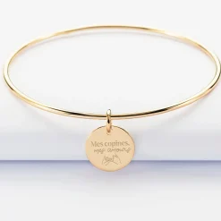Bracelet Témoin personnalisé jonc plaqué or médaille gravée 15 mm