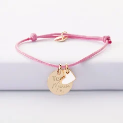 Bracelet Témoin personnalisé médaille gravée plaqué or 15 mm et breloque coeur email 10 mm