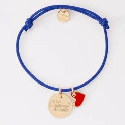 Bracelet Témoin personnalisé médaille gravée plaqué or 15 mm et breloque coeur email 10 mm