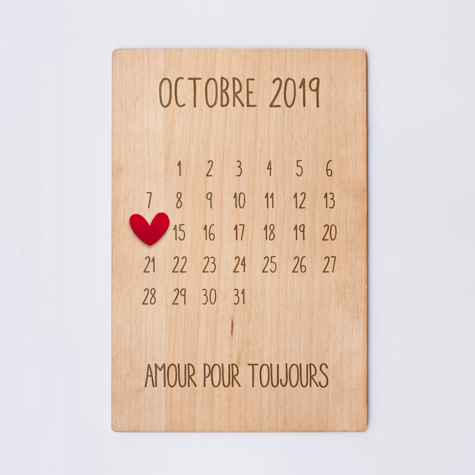 Cadre calendrier personnalisé bois gravé 15x10 cm avec support