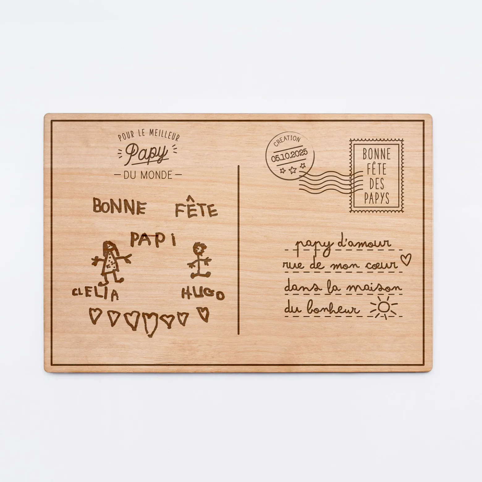 Cadre carte postale papy personnalisé bois gravé 15x10 cm avec support - édition spéciale "Bonne fête papy"