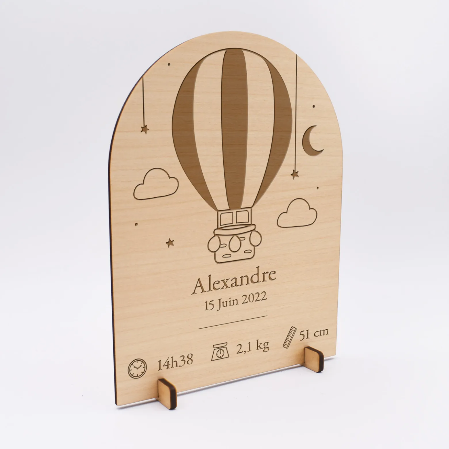 Cadre de naissance montgolfière personnalisé bois gravé 15x11,5 cm