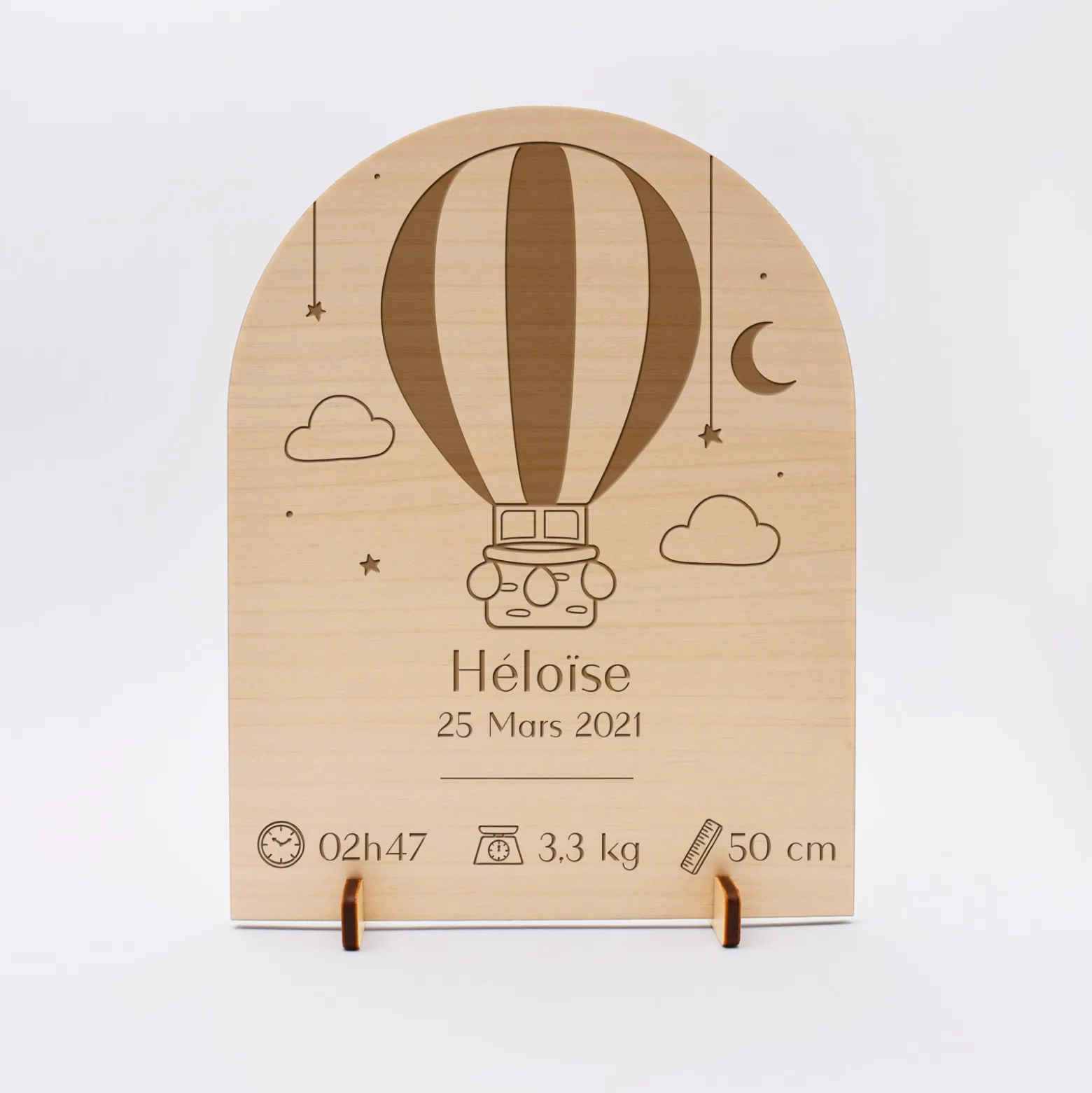 Cadre de naissance montgolfière personnalisé bois gravé 15x11,5 cm