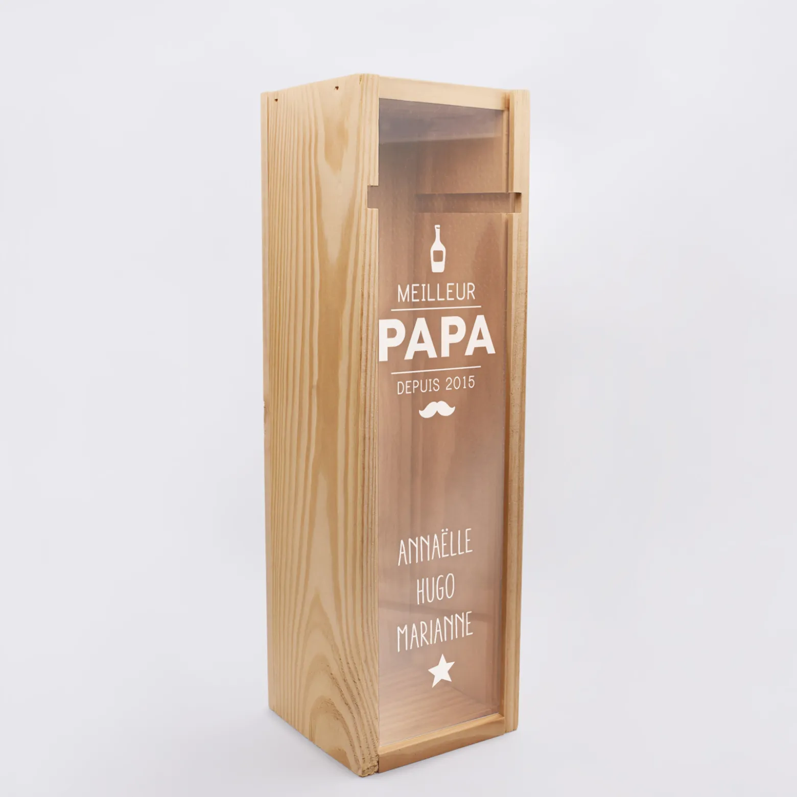 Caisse de vin bois couvercle acrylique gravé - Edition spéciale "Meilleur Papa depuis"