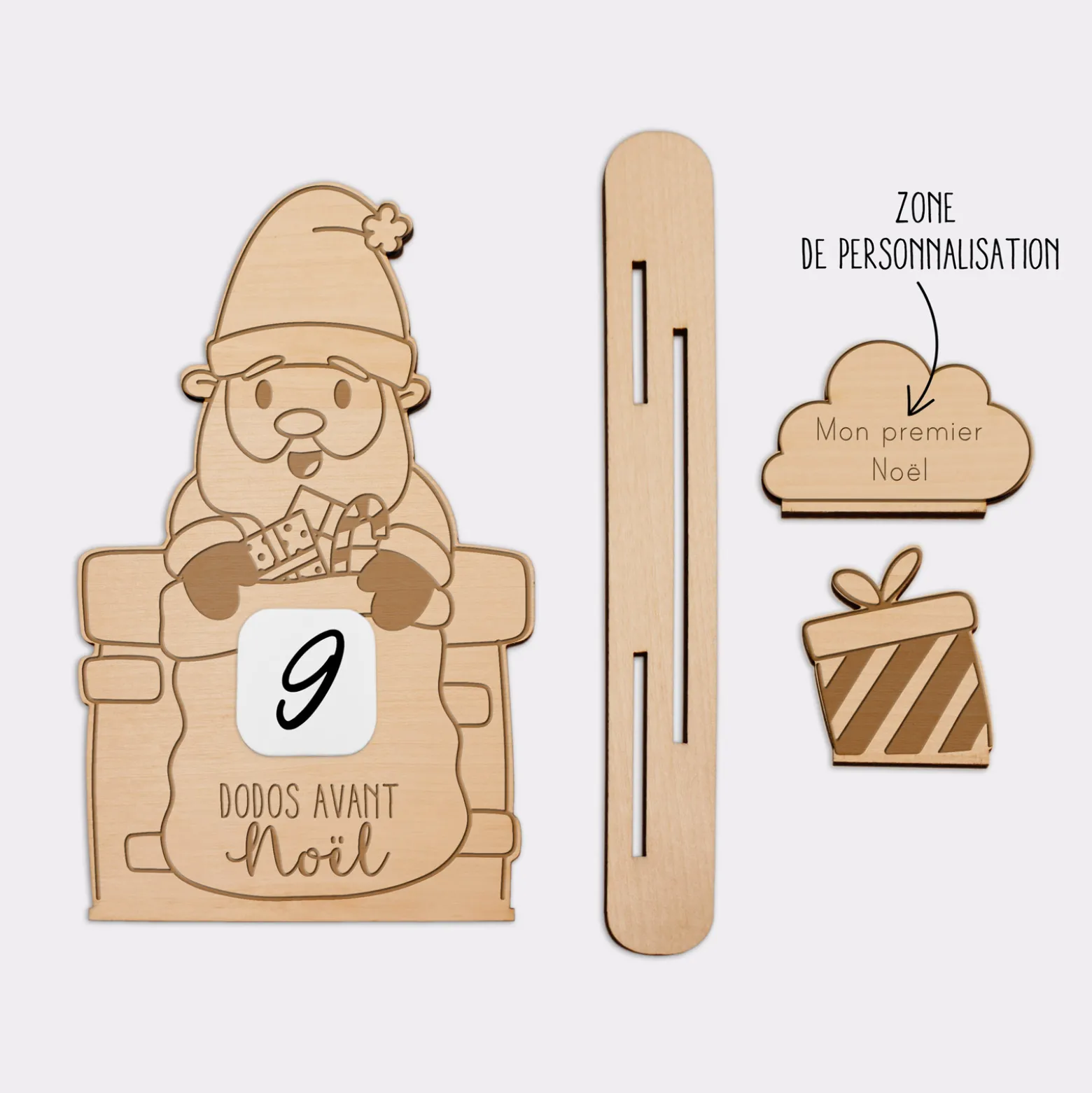 Calendrier de l'avent personnalisé compte à rebours Père Noël bois gravé