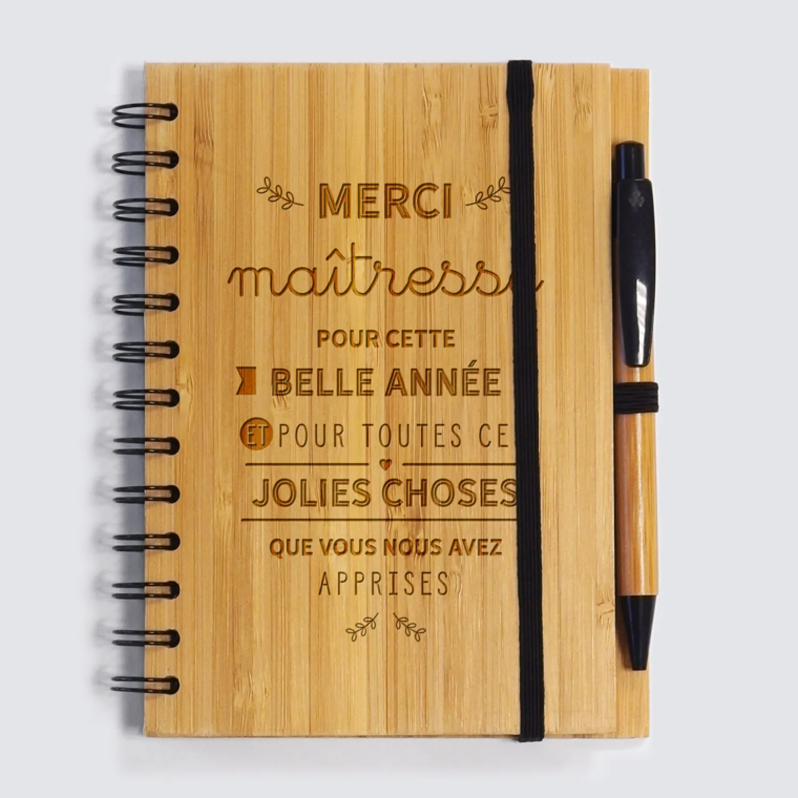 Carnet bambou Merci Maîtresse 14,5x18 cm et stylo gravé - édition limitée pré-personnalisée