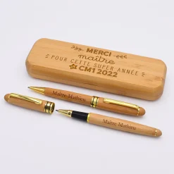 Coffret bambou personnalisé et 2 stylos gravés - Merci Maîtresse
