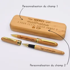 Coffret bambou personnalisé et 2 stylos gravés - Merci Maîtresse