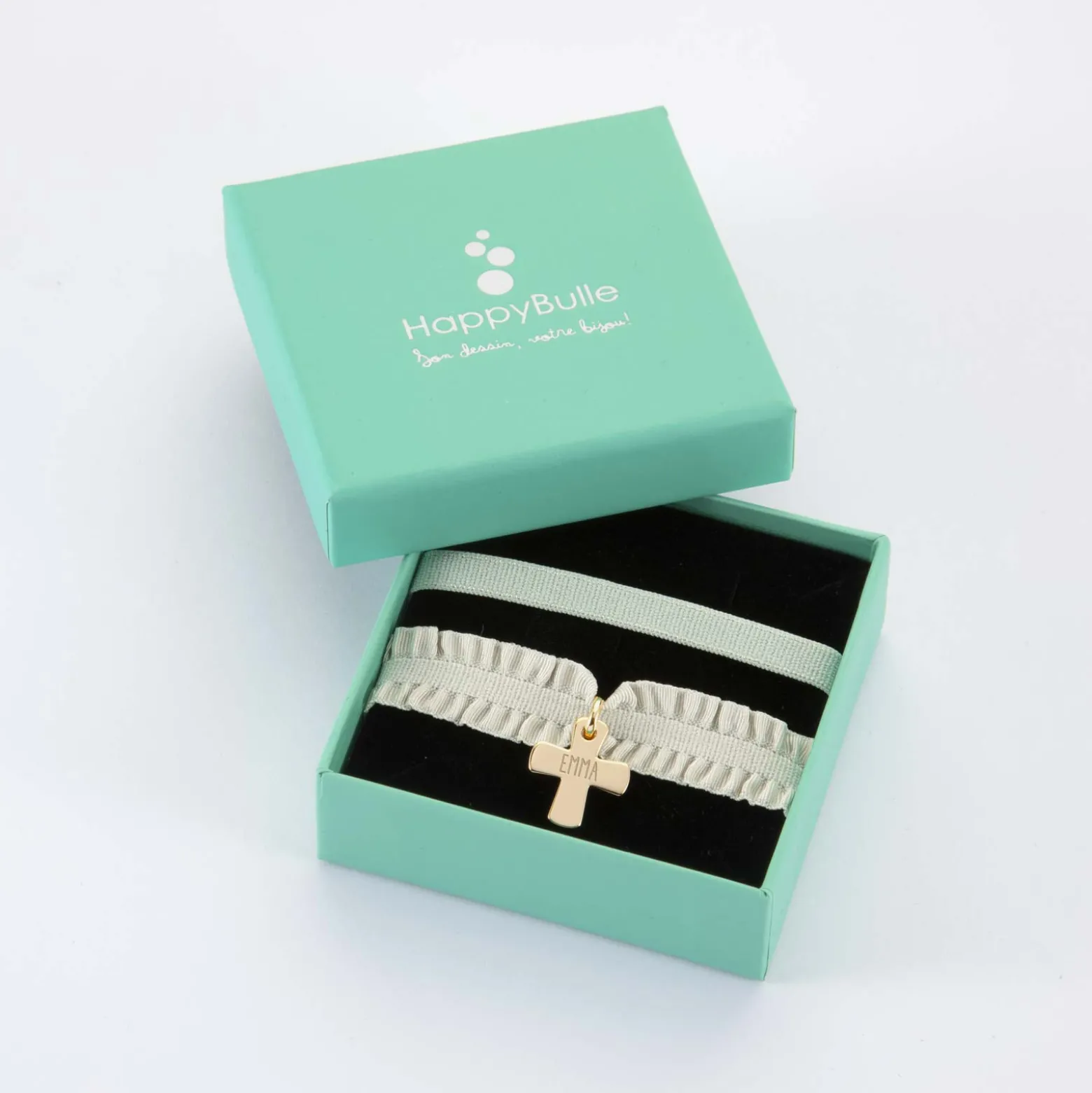 Coffret de bracelets enfant personnalisés cordons élastiques interchangeables médaille gravée plaqué or croix 15x13 mm