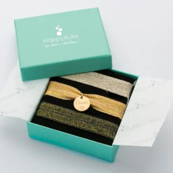 Coffret de bracelets personnalisés cordons élastiques interchangeables médaille gravée plaqué or 15 mm