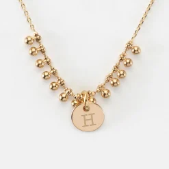 Collier chaîne boules personnalisé médaille gravée plaqué or 10 mm