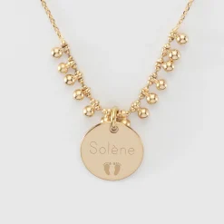 Collier chaîne boules personnalisé médaille gravée plaqué or 15 mm