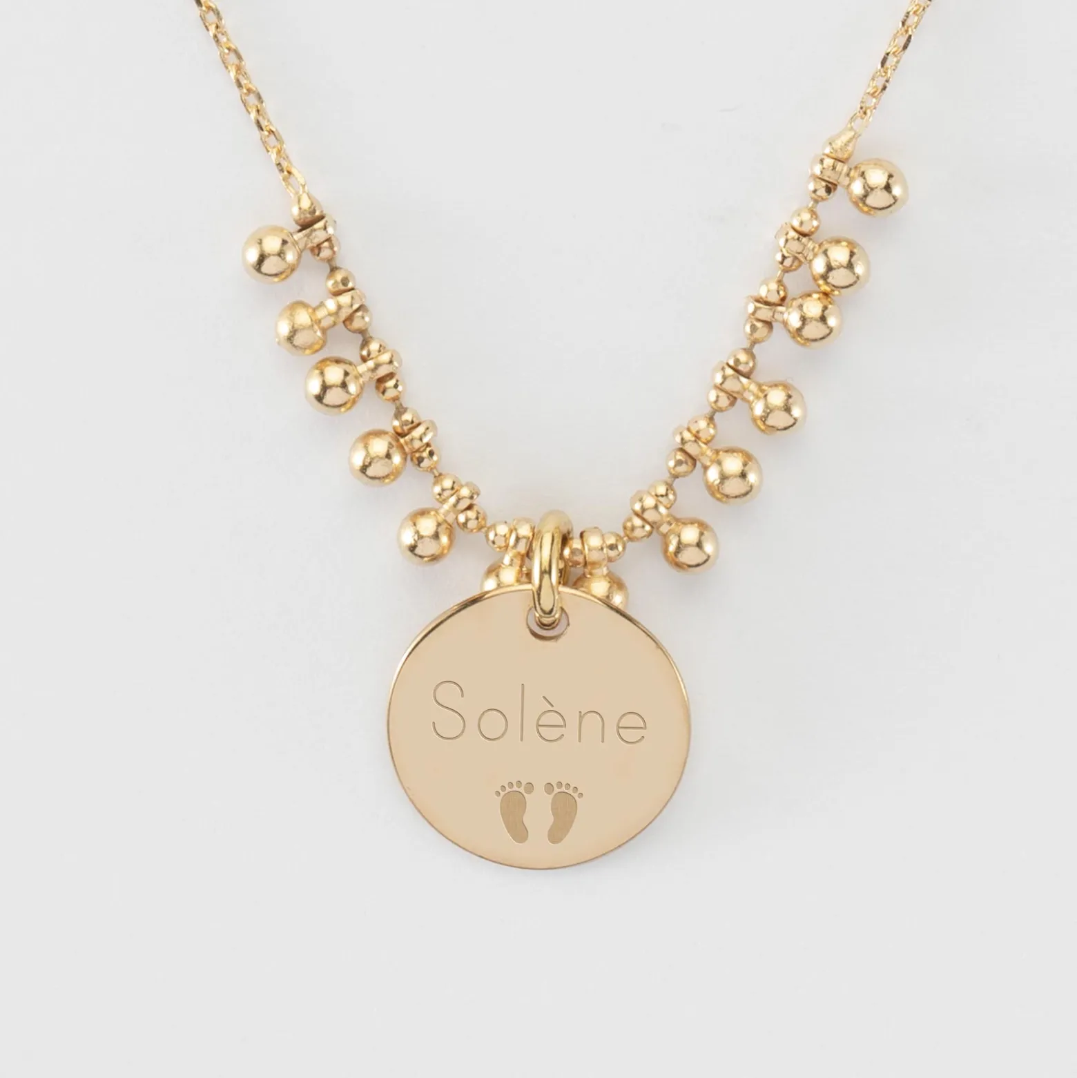 Collier chaîne boules personnalisé médaille gravée plaqué or 15 mm