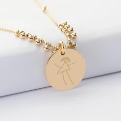 Collier chaîne boules personnalisé médaille gravée plaqué or 19 mm
