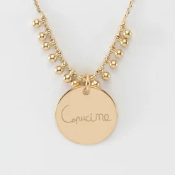 Collier chaîne boules personnalisé médaille gravée plaqué or 19 mm