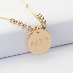Collier chaîne boules personnalisé médaille gravée plaqué or 19 mm