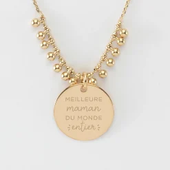 Collier chaîne boules personnalisé médaille gravée plaqué or 19 mm