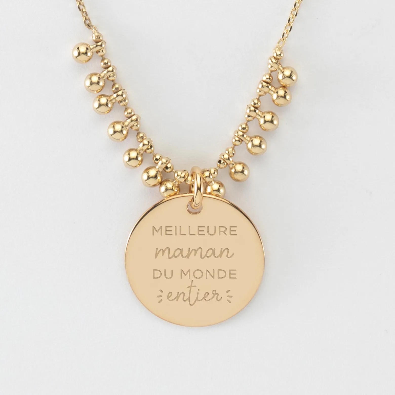 Collier chaîne boules personnalisé médaille gravée plaqué or 19 mm