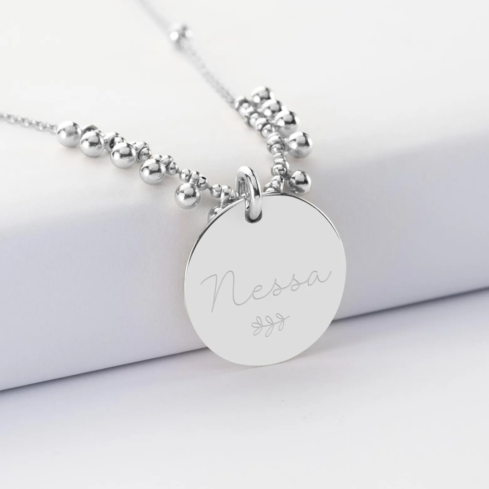 Collier chaîne boules personnalisé médaille gravée argent 19 mm