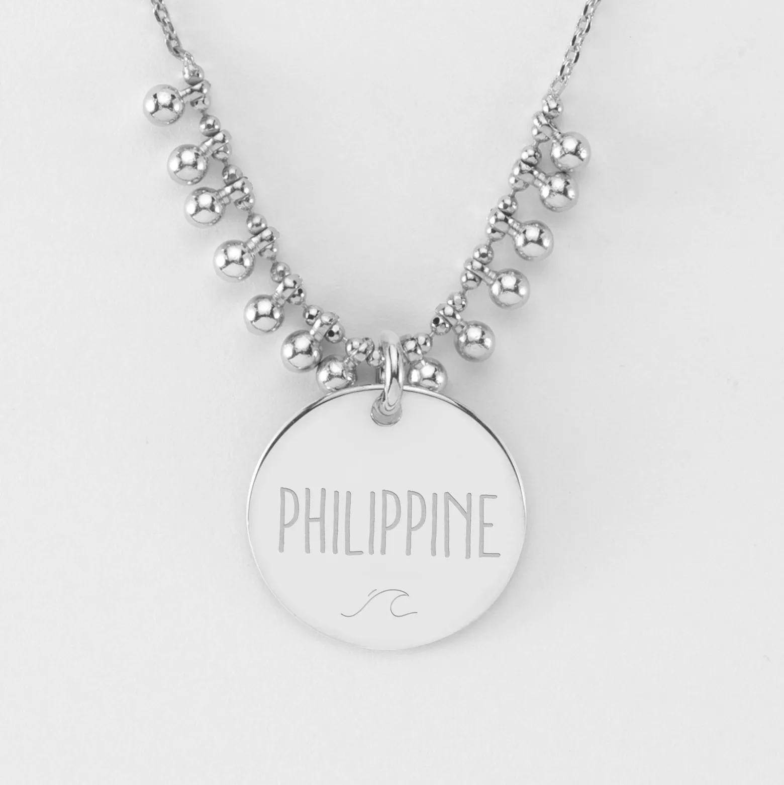 Collier chaîne boules personnalisé médaille gravée argent 19 mm