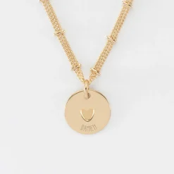 Collier chaîne double personnalisé médaille gravée plaqué or coeur estampillé 15 mm - HappyBulle x Atelier Wagram