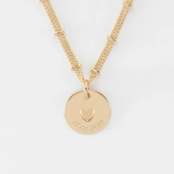 Collier chaîne double personnalisé médaille gravée plaqué or coeur estampillé 15 mm - HappyBulle x Atelier Wagram