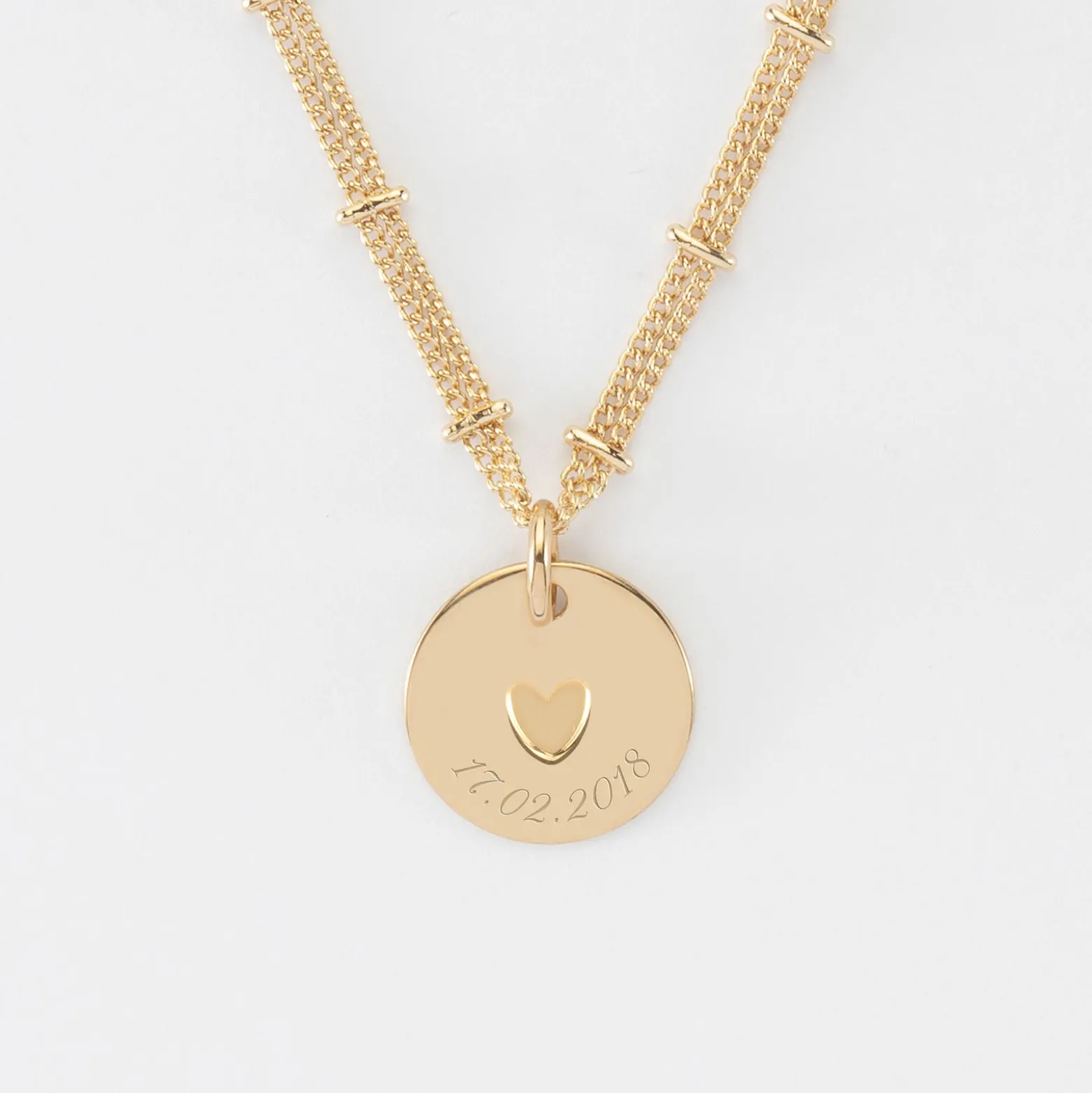 Collier chaîne double personnalisé médaille gravée plaqué or coeur estampillé 15 mm - HappyBulle x Atelier Wagram
