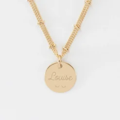 Collier chaîne double personnalisé médaille gravée plaqué or coeur estampillé 15 mm - HappyBulle x Atelier Wagram